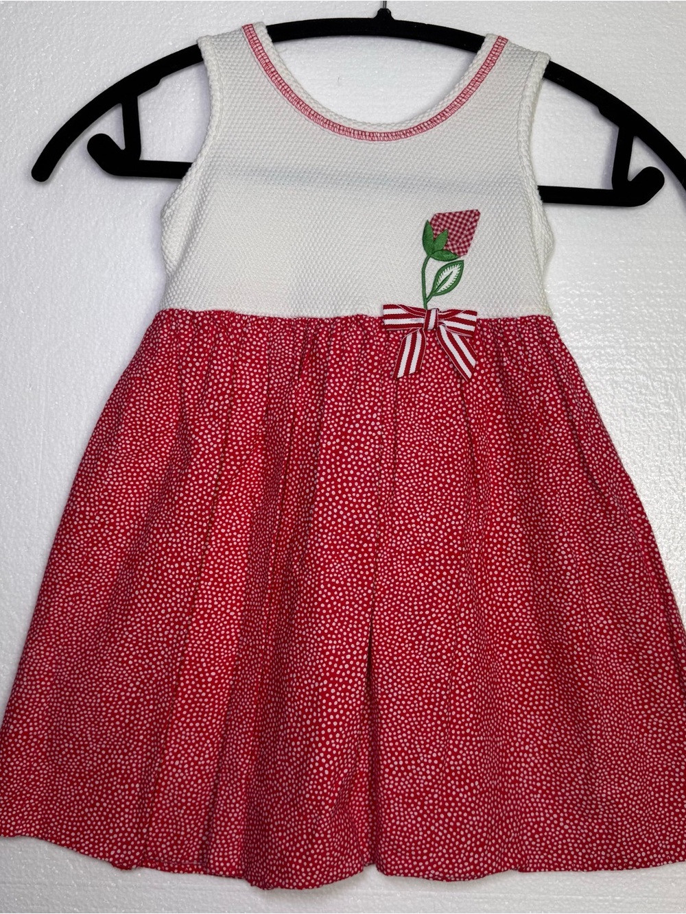Vintage Bonnie Jean Girls Size 5 Red White Cottagecore Rose Bow Party Dress